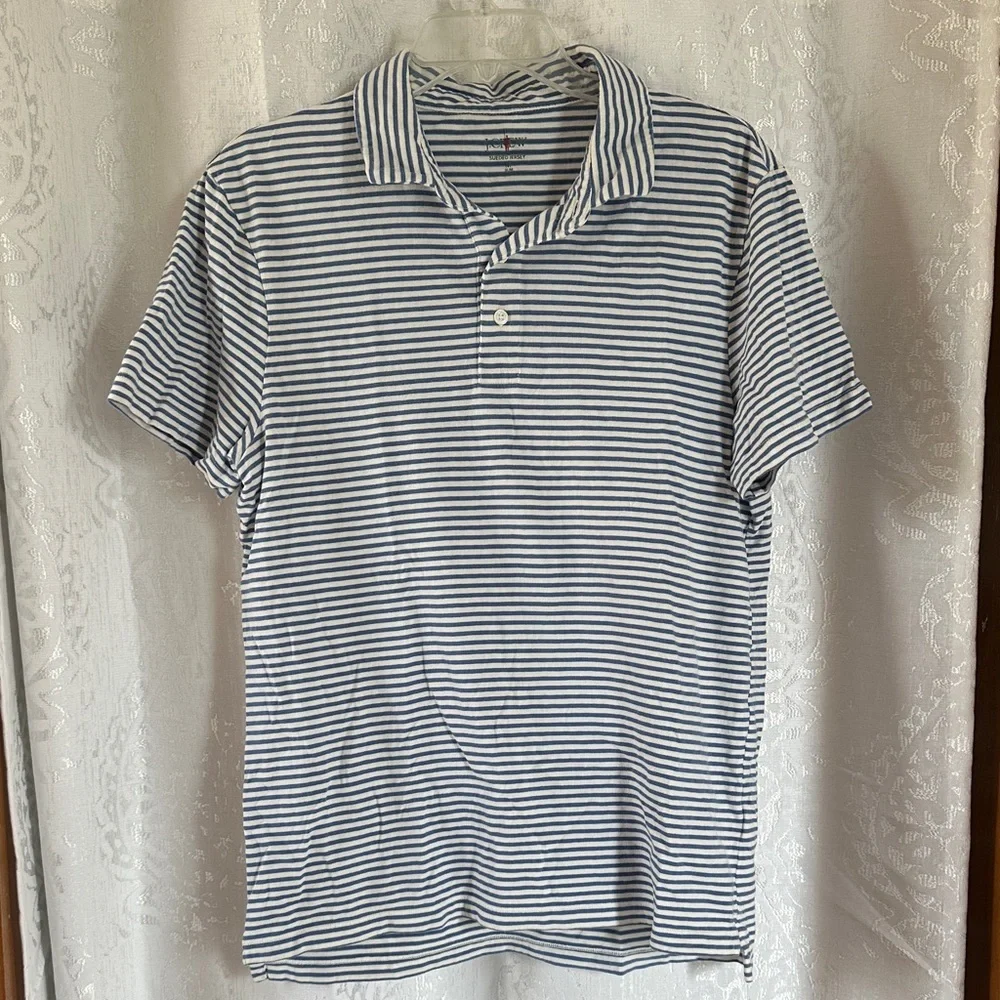 J. Crew Men's Sueded Jersey Blue & White Striped Slim Fit Polo, Medium